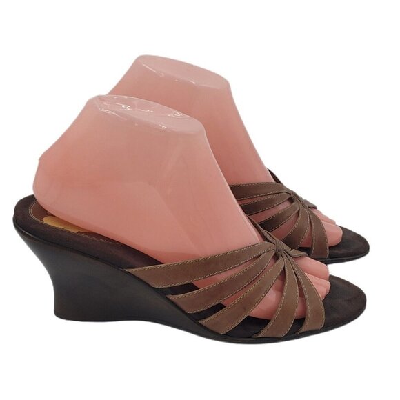 Naturalizer Brown Leather Strappy Open Toe Slip-On Wedge Sandals Size 8.5M - Picture 1 of 13